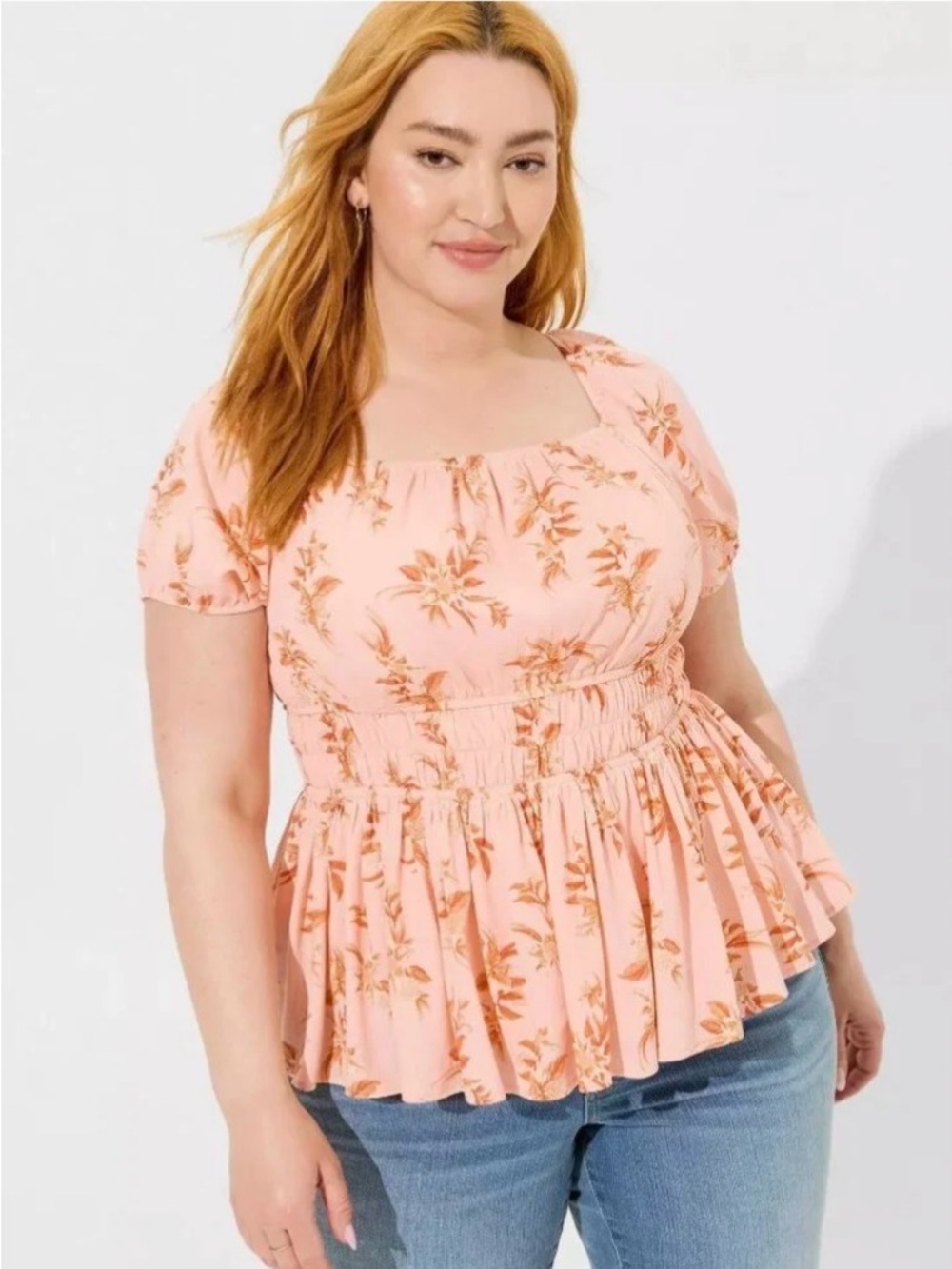 torrid Peach Pink Floral Peplum Top with Crisscross Back